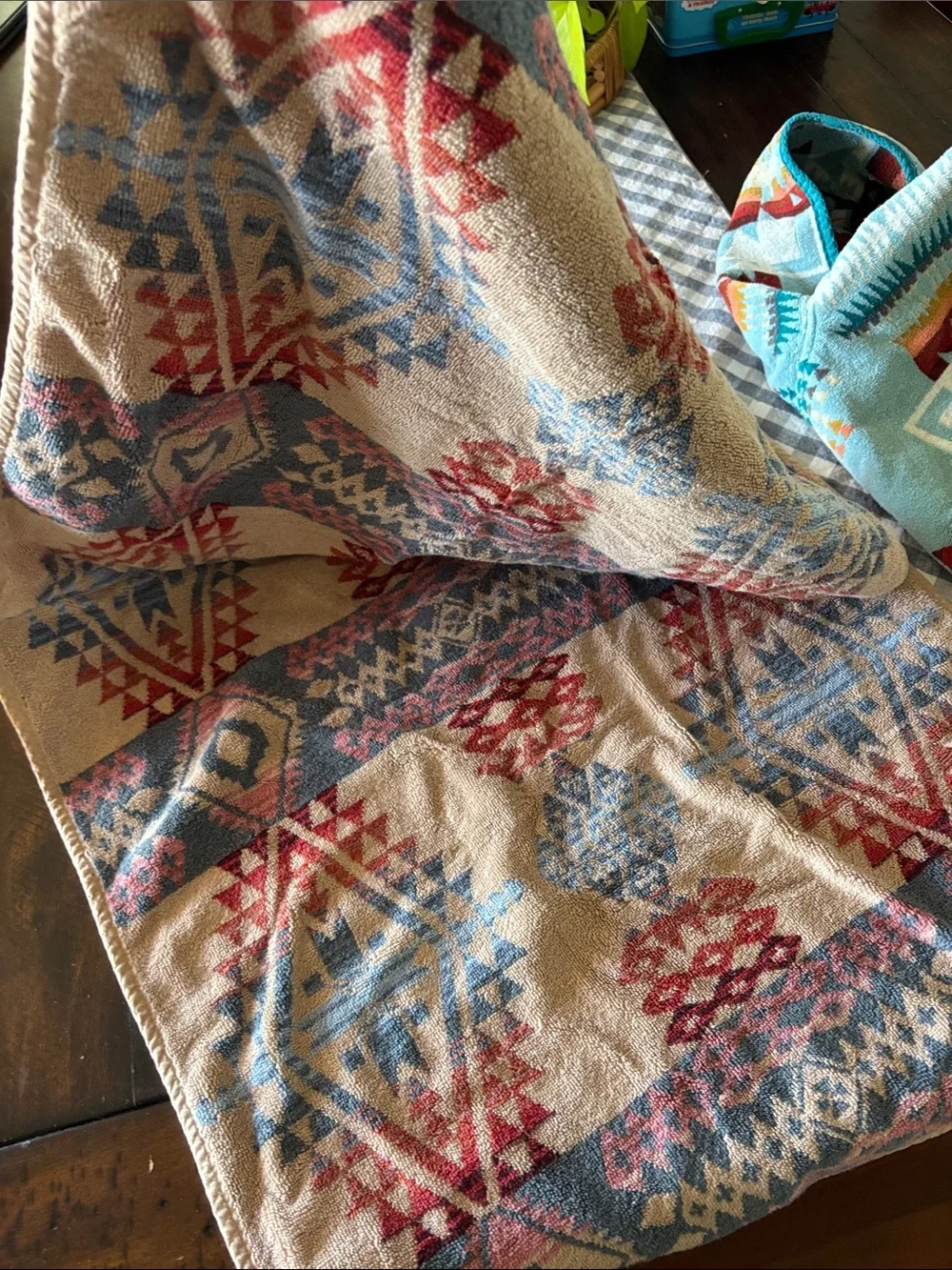 Kids Hooded Poncho Towels - Aqua Tribal Print